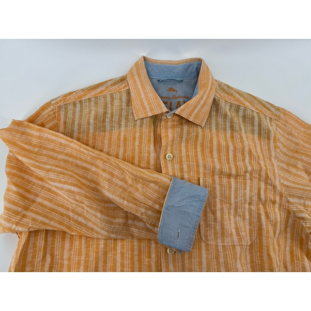 Tommy Bahama Mens Orange Linen Blend Button Up Long Sleeve Tropical Shirt Medium